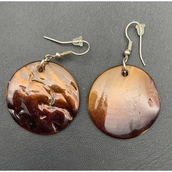 Brown Ombré Iridescent Painted Shell Dangle Earrings Great Fall Color Boho - Picture 2 of 4